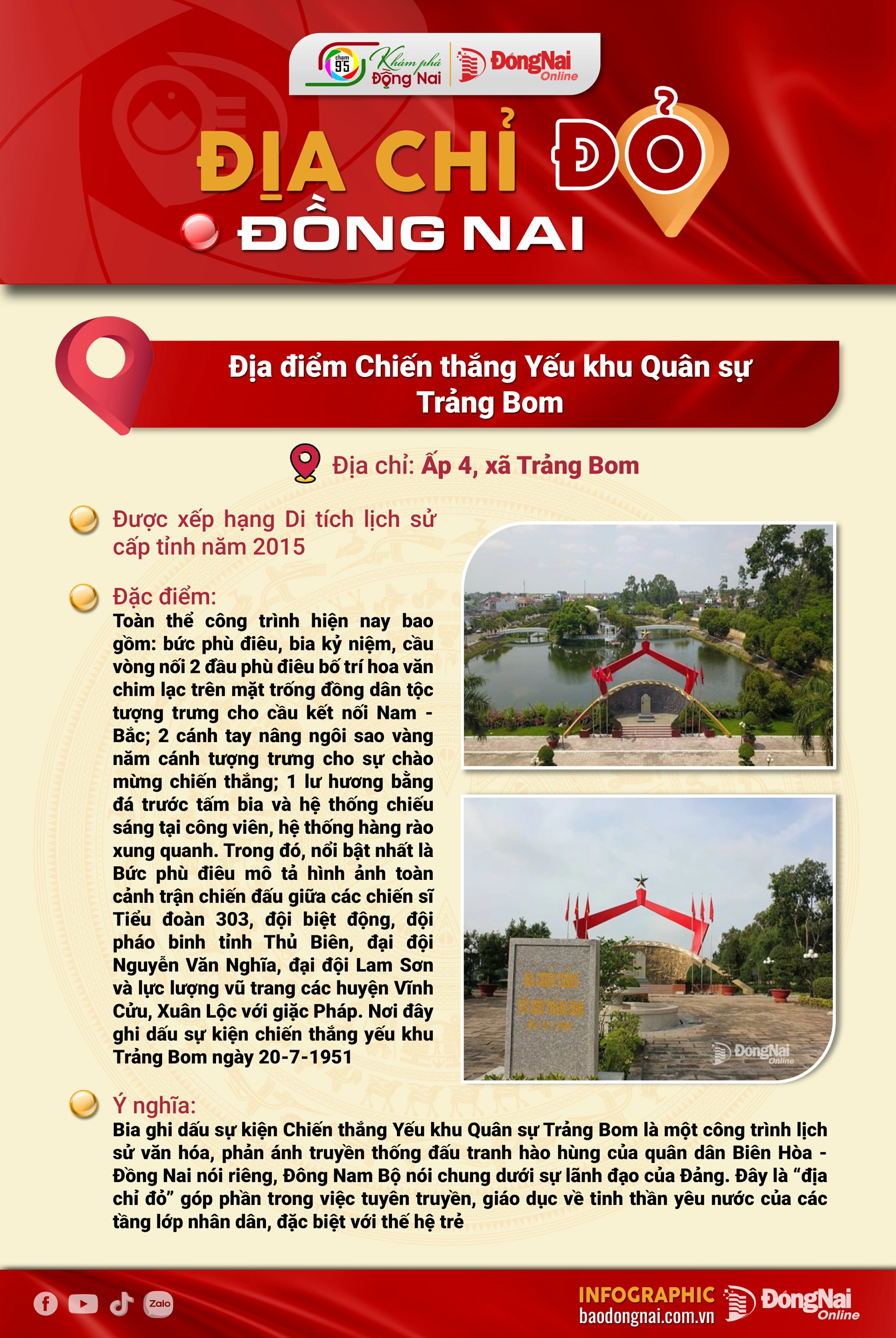.[Chuỗi Infographic] Địa chỉ đỏ Đồng Nai: Địa điểm Chiến thắng Yếu khu Quân sự Trảng Bom, Đình Phước Thiền, Đình Phú Mỹ