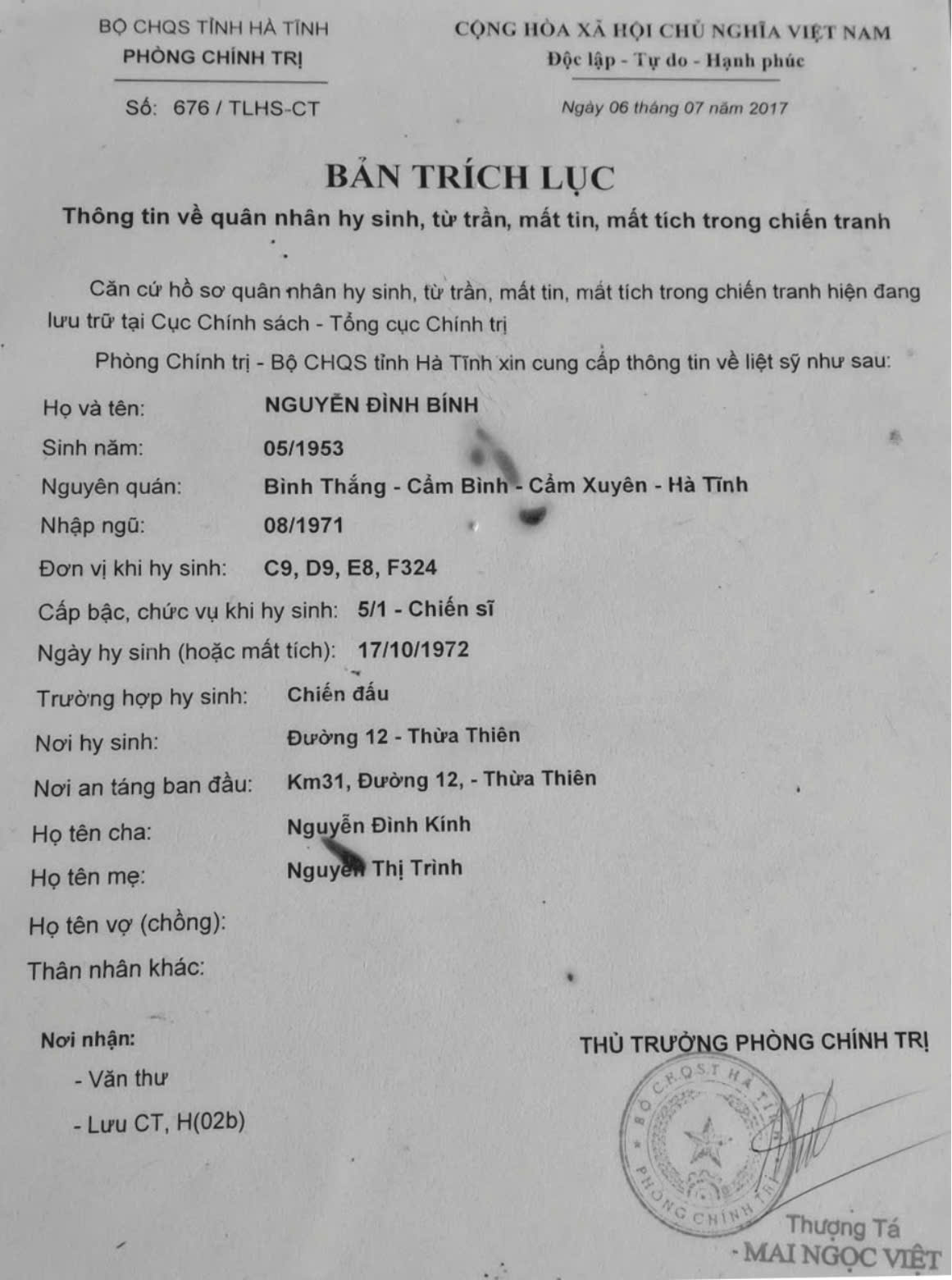 LIỆT SĨ NGUYỄN ĐÌNH 