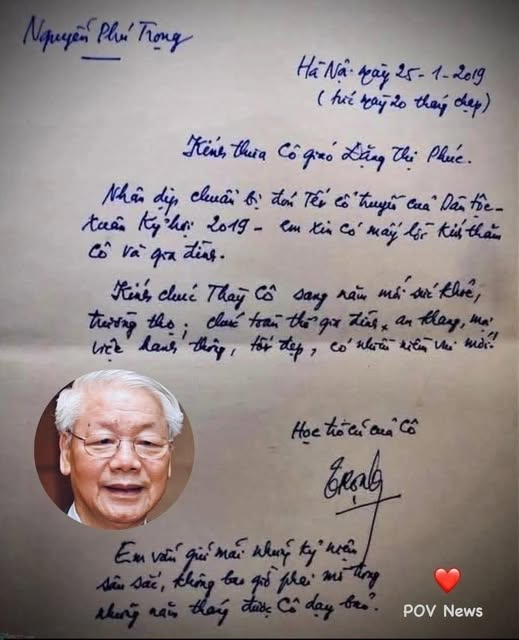Bức thư chúc Tết cô giáo cũ của cố Tổng bí thư Nguyễn Phú Trọng