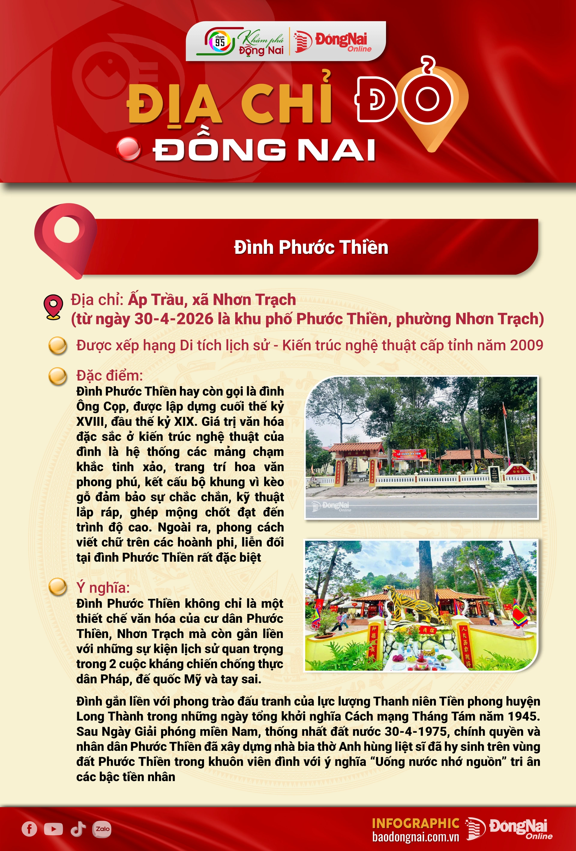 .[Chuỗi Infographic] Địa chỉ đỏ Đồng Nai: Địa điểm Chiến thắng Yếu khu Quân sự Trảng Bom, Đình Phước Thiền, Đình Phú Mỹ