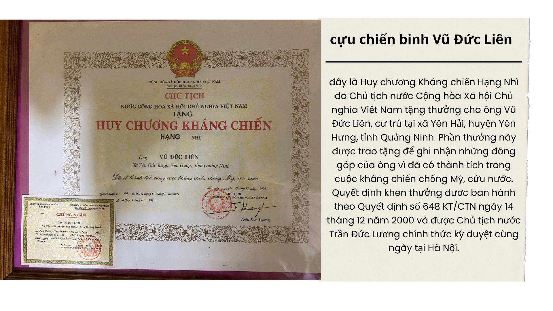 HUY CHƯƠNG KHÁNG CHIẾN HẠNG NHÌ CỦA CỰU CHIẾN BINH VŨ ĐỨC LIÊN