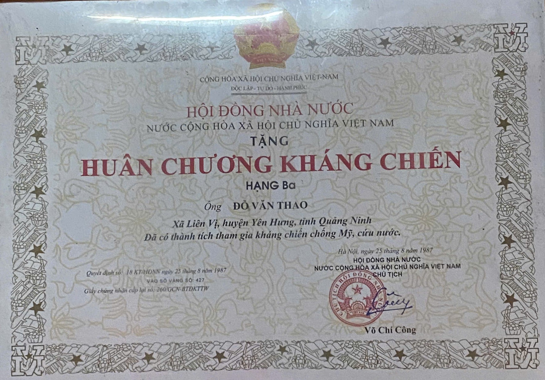 Huy chương Kháng chiến Hạng Nhất của cựu chiến binh Vũ Tài Mịch