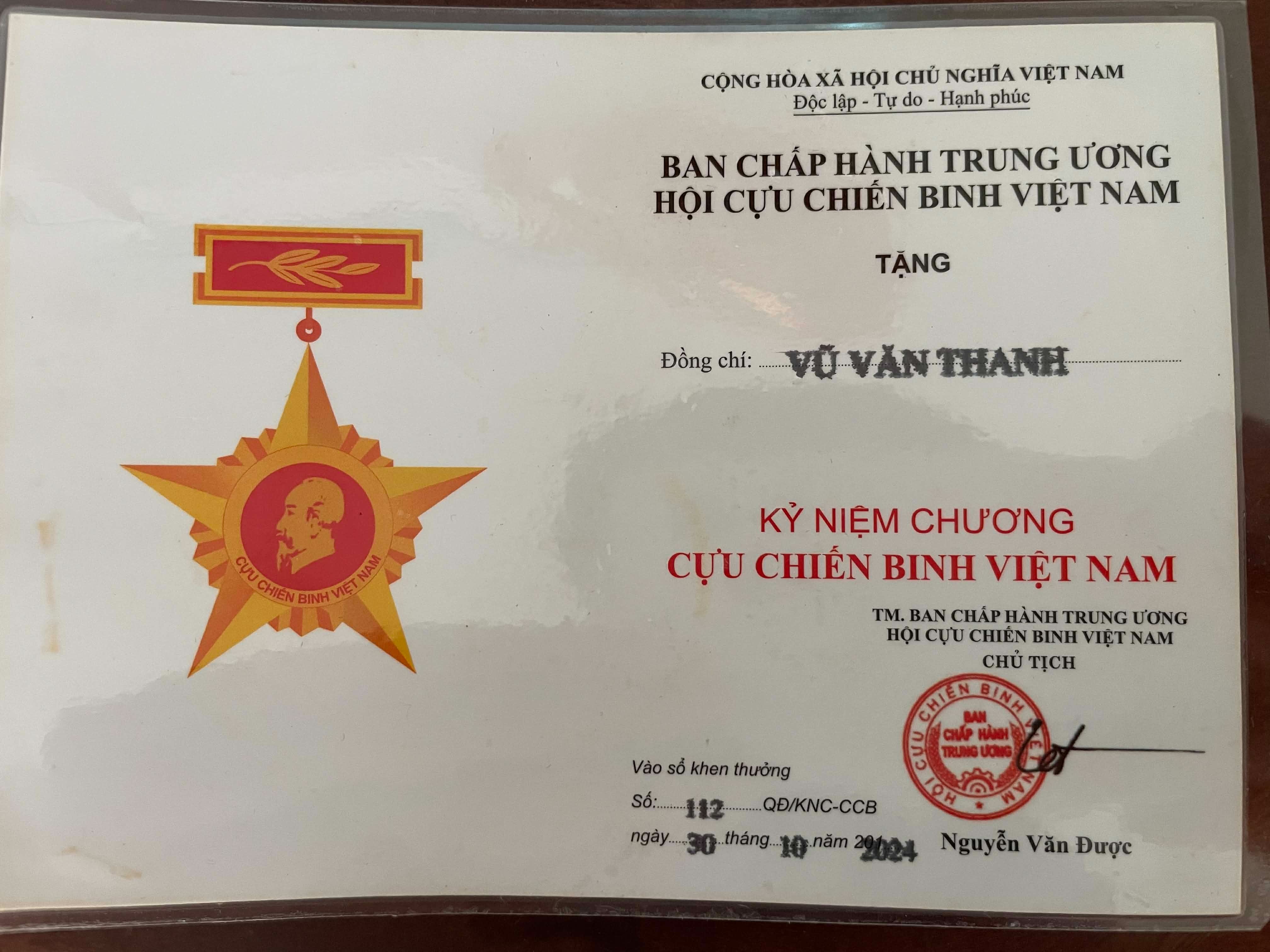 Kỉ Niệm Chương Cựu Chiến Binh Việt Nam -Đ/c Vũ Văn Thanh