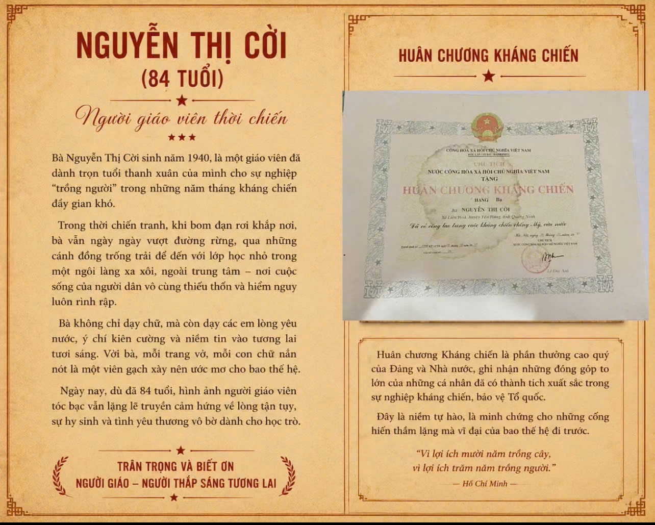 HUÂN CHƯỚNG KHÁNG CHIẾN HẠNG BA CỦA CỰU CHIẾN BINH NGUYỄN THỊ CỜI