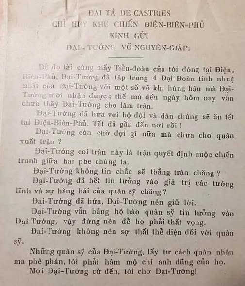 THƯ KHIÊU CHIẾN CỦA DE CASTRIES GỬI ĐẾN ĐẠI TƯỚNG VÕ NGUYÊN GIÁP Ở TRẬN ĐIỆN BIÊN PHỦ