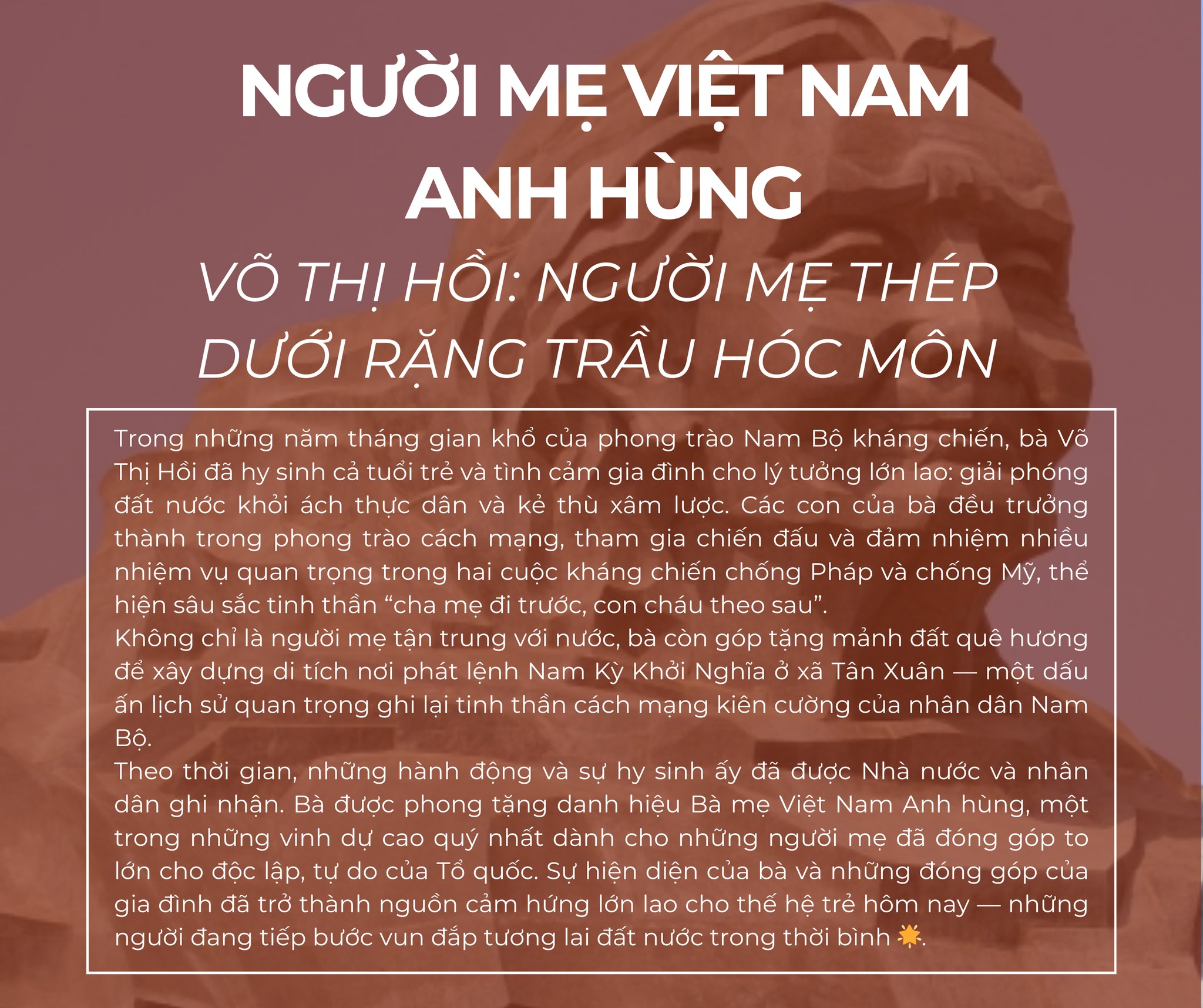  VÕ THỊ HỒI: NGƯỜI MẸ THÉP DƯỚI RẶNG TRẦU HÓC MÔN