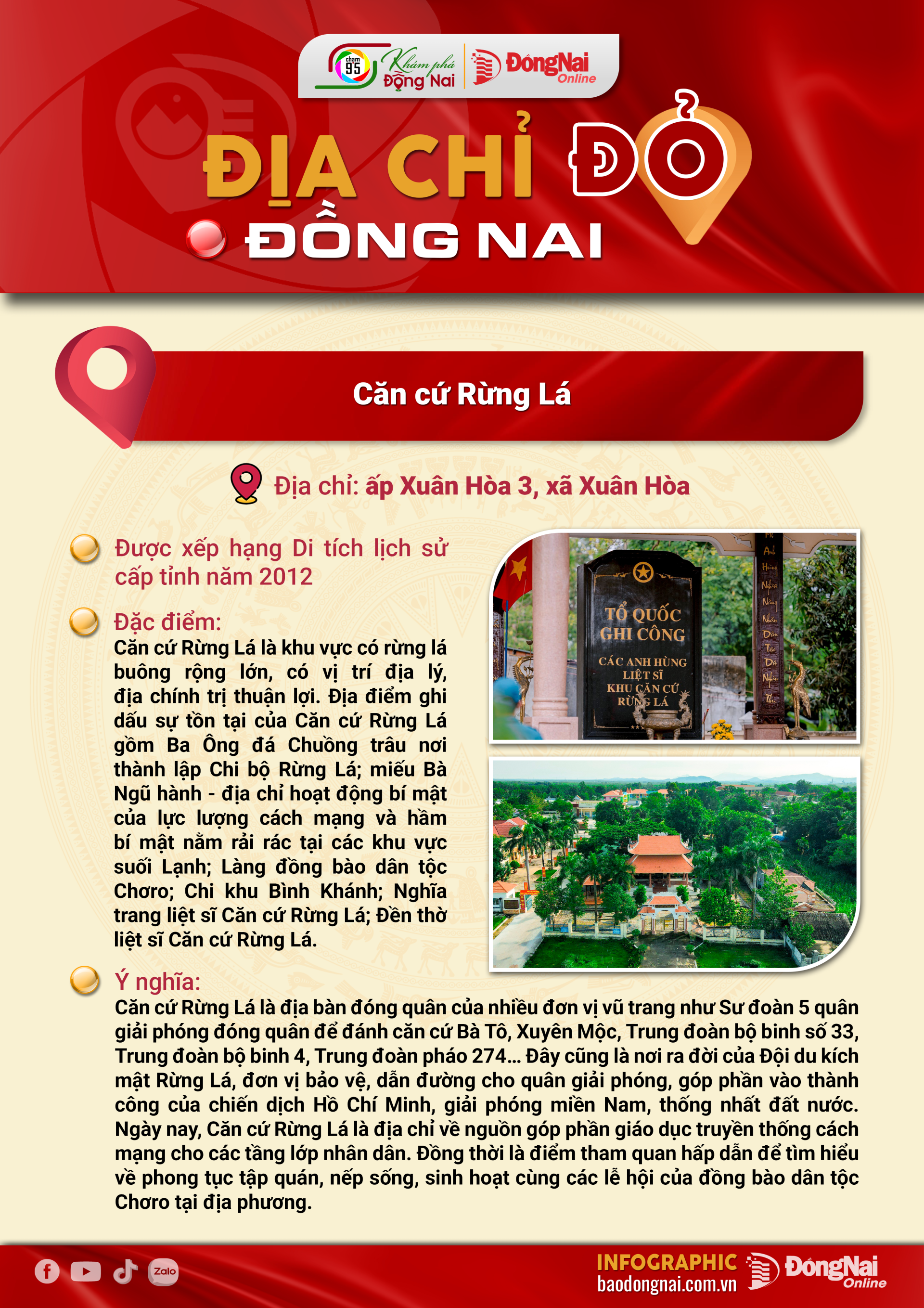 .[Chuỗi Infographic] Địa chỉ đỏ Đồng Nai: Căn cứ Rừng Lá, Căn cứ Sở Chỉ huy Đặc khu Quân sự Rừng Sác và Đoàn 10 Đặc công Rừng Sác, Địa đạo Nhơn Trạch