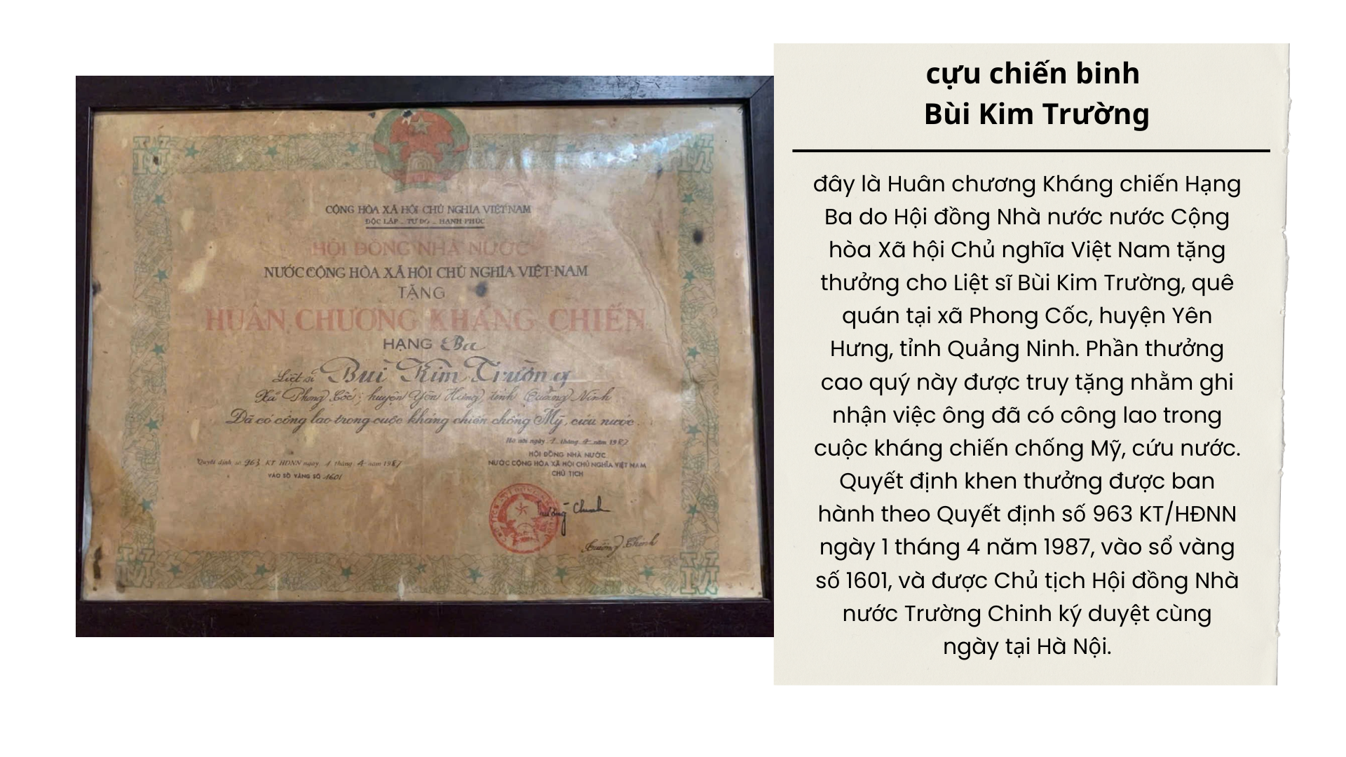 HUÂN CHƯƠNG KHÁNG CHIẾN HẠNG BA CỦA CỰU CHIẾN BINH BÙI KIM TRƯỜNG