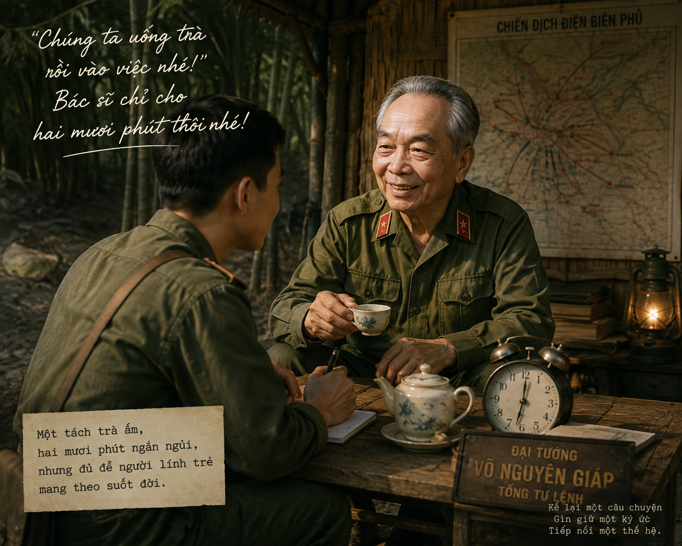 "Chúng ta uống trà rồi vào việc nhé, bác chỉ có hai mươi phút thôi"