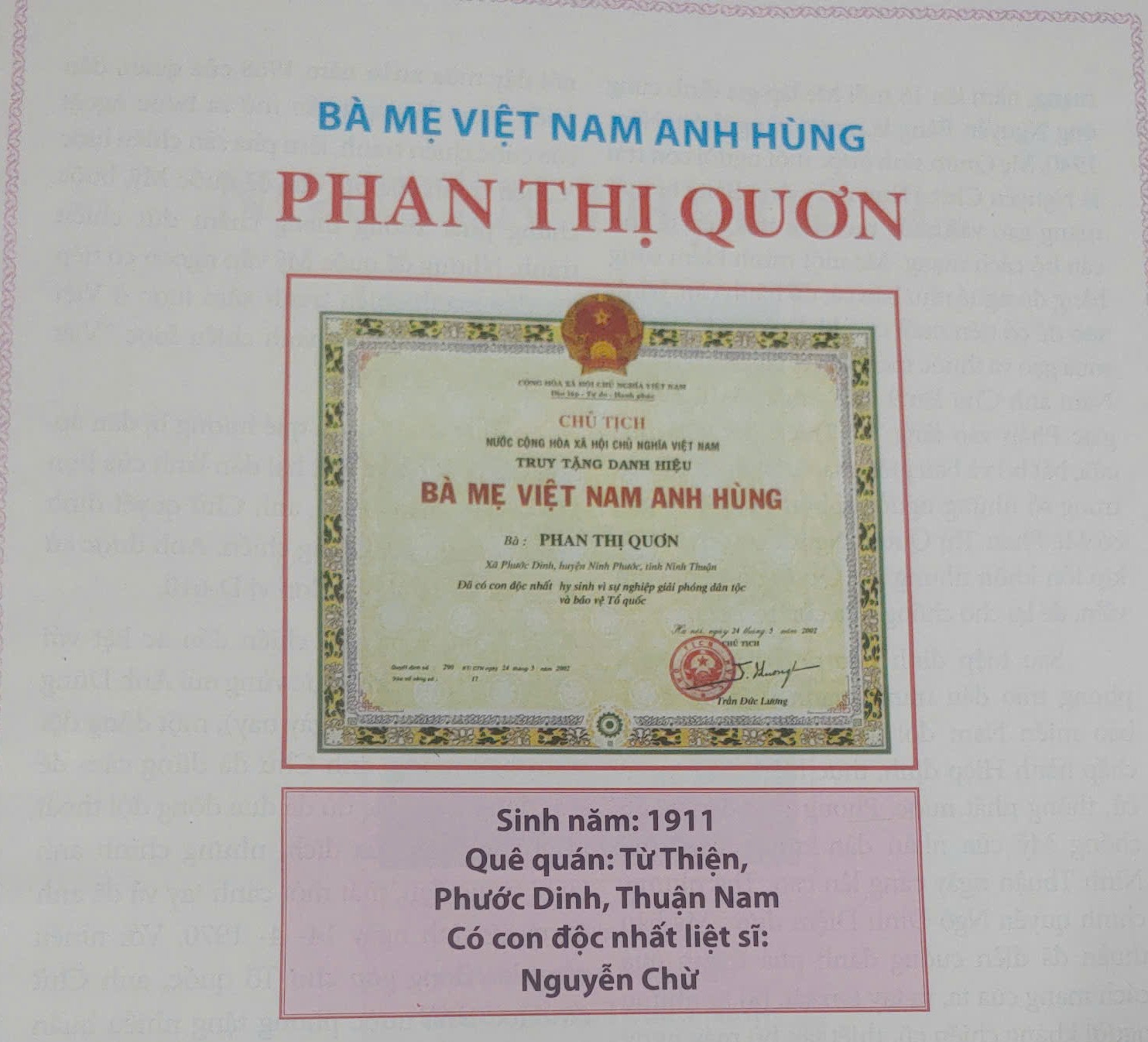 Mẹ Việt Nam Anh hùng Phan Thị Quơn: Tấm lòng hậu phương và sự hy sinh cao cả.