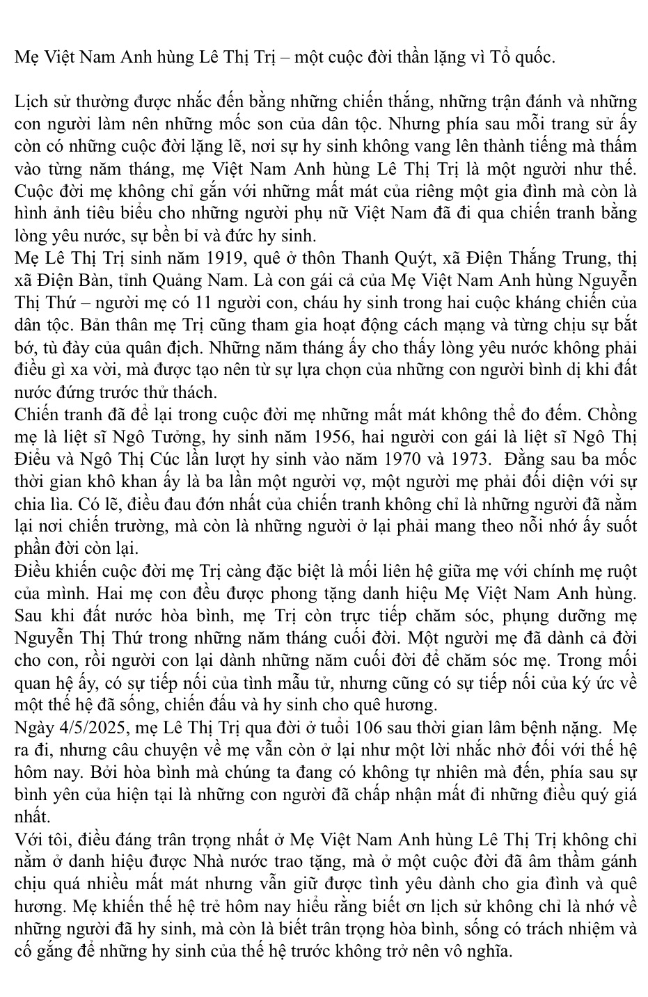 MẸ VIỆT NAM ANH HÙNG - LÊ THỊ TRỊ