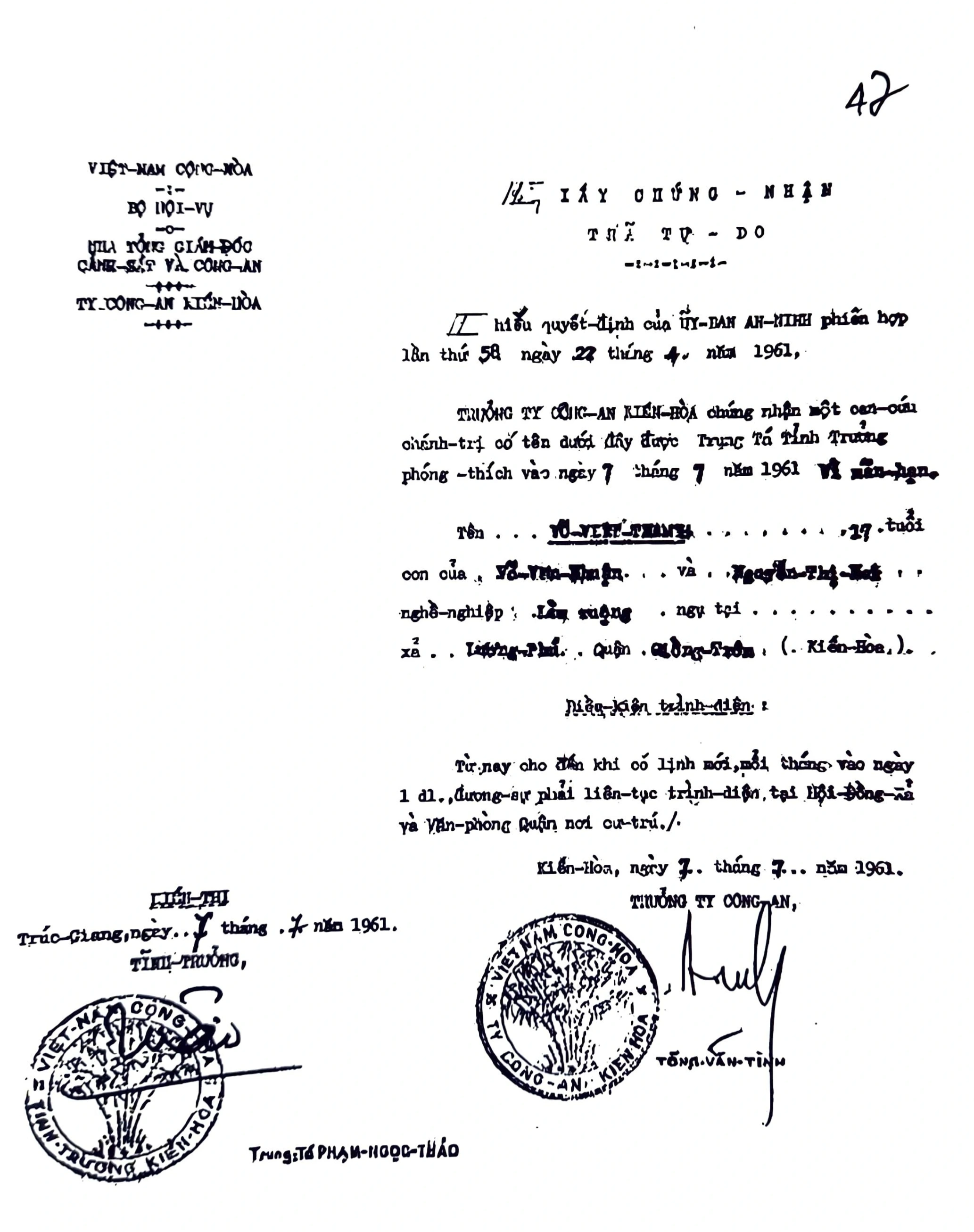 Giấy chứng nhận thả tự do cho đồng chí Võ Viết Thanh do ông Phạm Ngọc Thảo ký ngày 7/7/1961