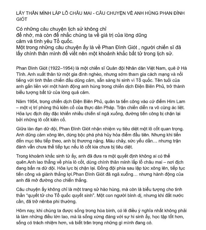 LẤY THÂN MÌNH LẤP LỖ CHÂU MAI - CÂU CHUYỆN VỀ ANH HÙNG PHAN ĐÌNH GIÓT