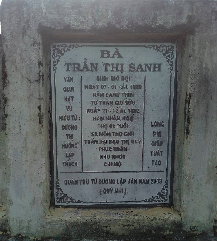 CỤ TRẦN THỊ SANH PHU NHÂN CỦA BÌNH TÂY ĐẠI NGUYÊN SOÁI TRƯƠNG ĐỊNH