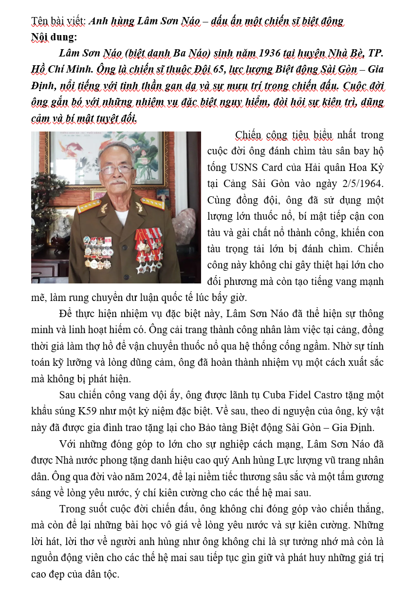 Anh hùng Lâm Sơn Náo - dấu ấn một chiến sĩ biệt động