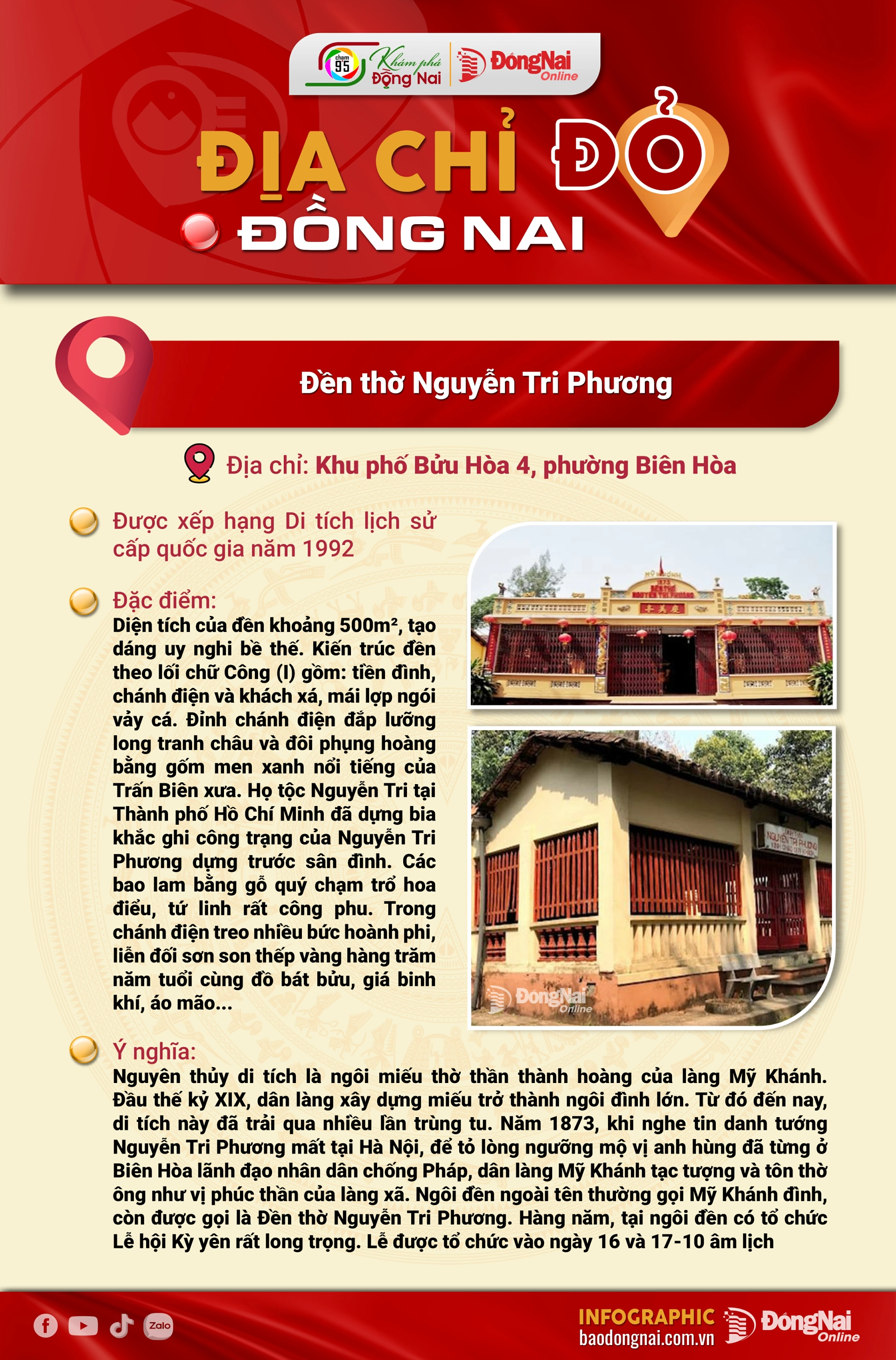 .[Chuỗi Infographic] Địa chỉ đỏ Đồng Nai: Sóc Bom Bo, Đền thờ Nguyễn Tri Phương, Đình Dầu Giây, Đình Hưng Lộc