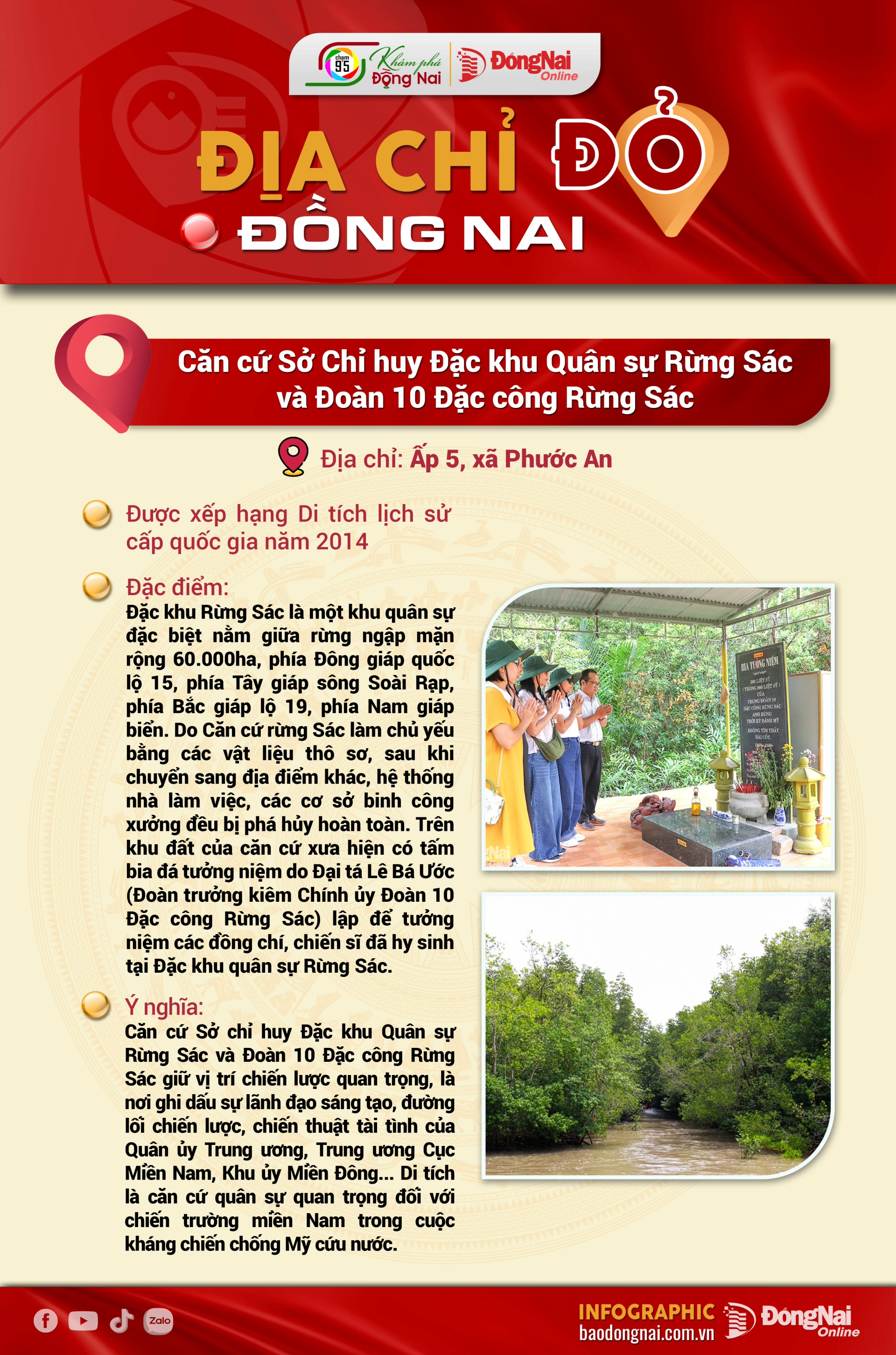 .[Chuỗi Infographic] Địa chỉ đỏ Đồng Nai: Căn cứ Rừng Lá, Căn cứ Sở Chỉ huy Đặc khu Quân sự Rừng Sác và Đoàn 10 Đặc công Rừng Sác, Địa đạo Nhơn Trạch