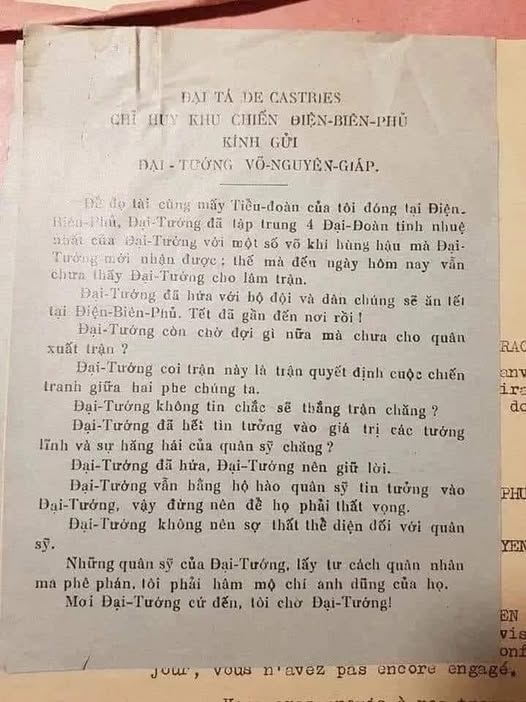 Nội dung bức thư khiêu chiến của Chỉ huy trưởng cứ điểm Điện Biên Phủ De Castries gửi cho Đại tướng Võ Nguyên Giáp.
